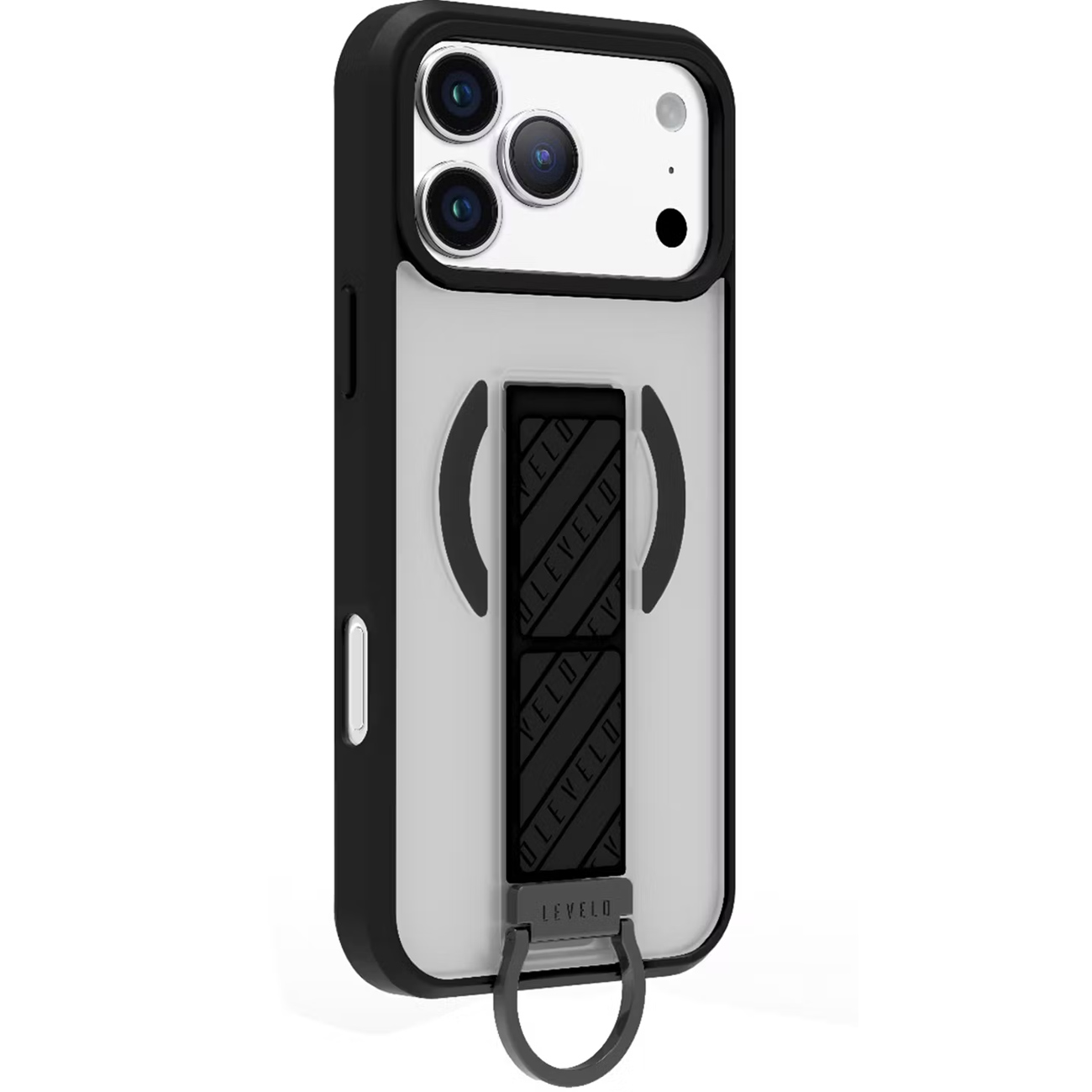 Black and clear LEVELO MagSafe case for iPhone 17 Pro MAX with D-ring strap, providing shockproof protection.