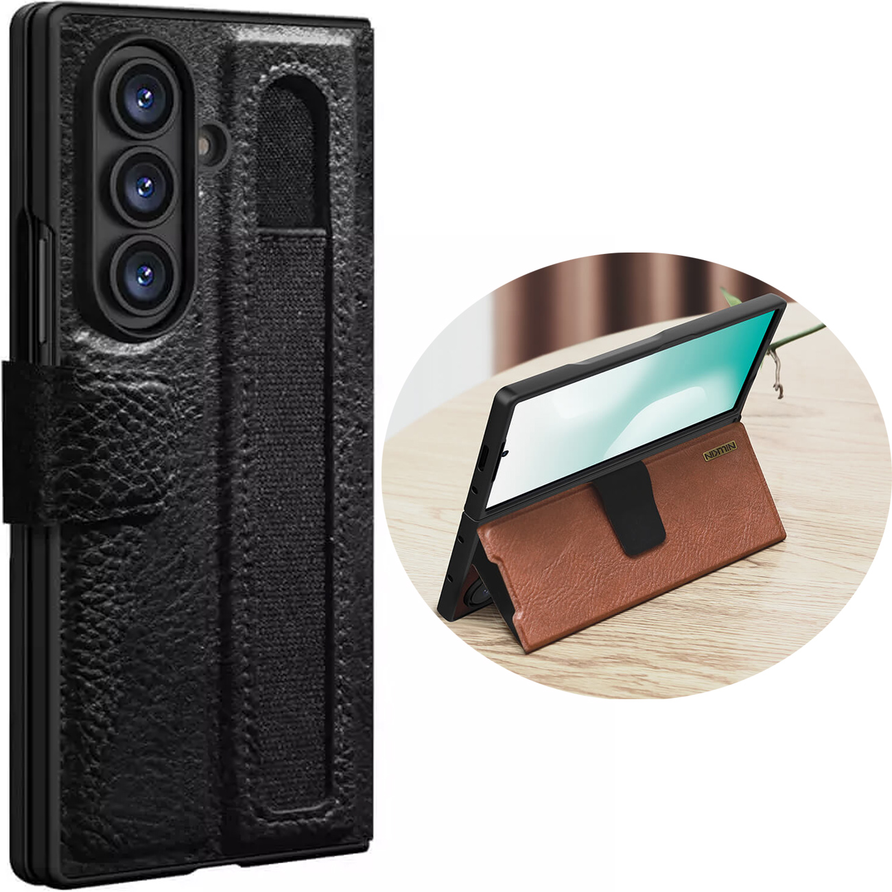 کیف چرم نیلکین مدل Aoge Leather برای سامسونگ گلکسی Z Fold7، دارای استند مخفی و جای قلم.