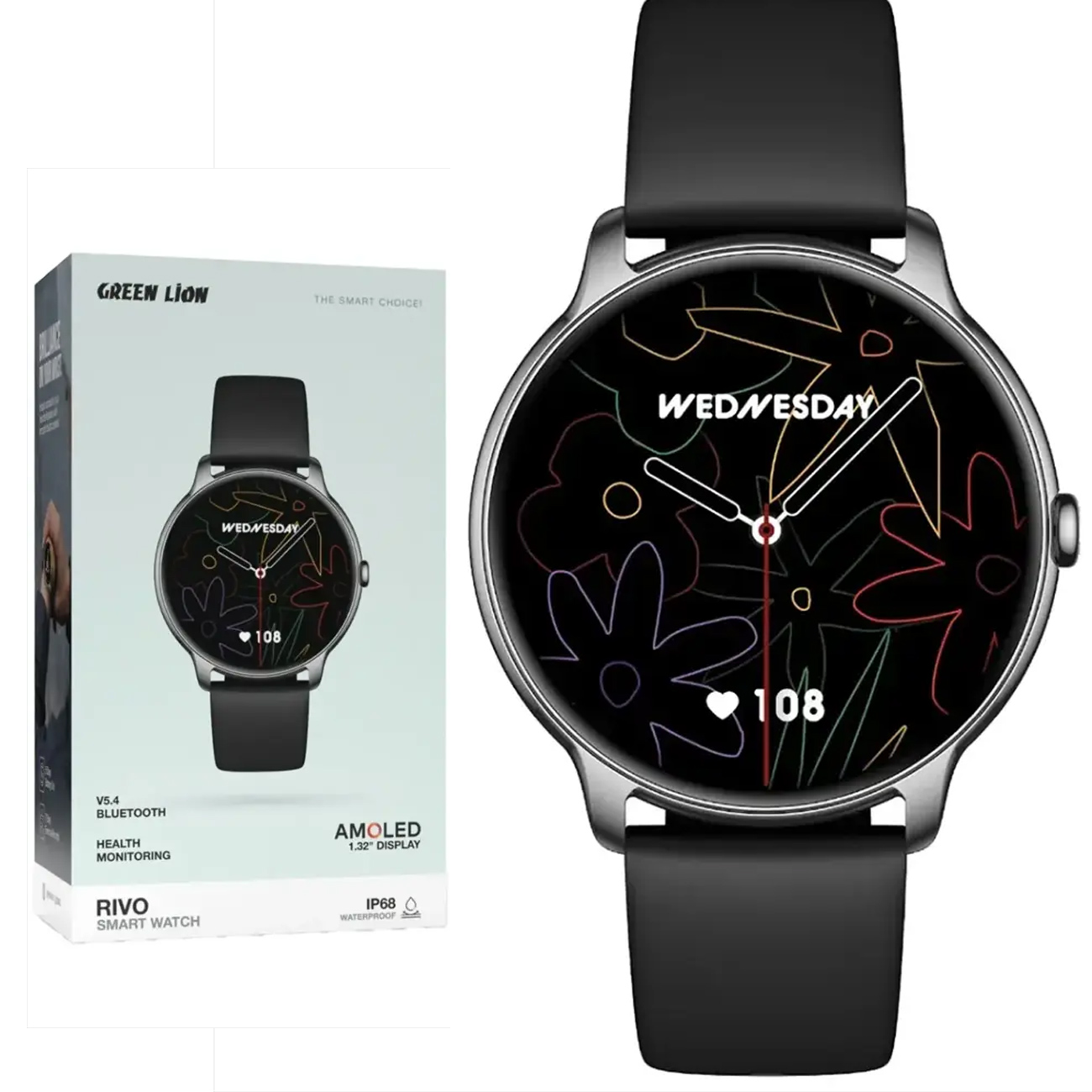 Green Lion Rivo GL-SWA46 smartwatch with AMOLED display, showing "WEDNESDAY" and heart rate.