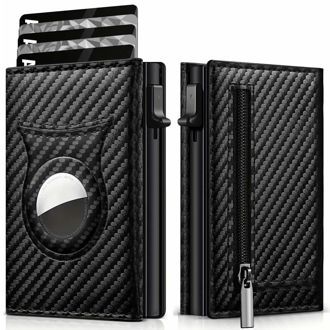 کیف پول مردانه RFID ضد سرقت با طرح کربن، دارای نگهدارنده ایر تگ و جیب زیپدار.