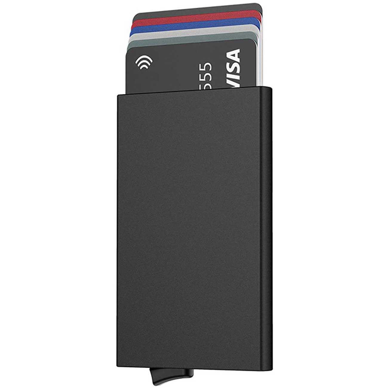 RFID blocking metal card holder with pop-up mechanism, showing several bank cards like Visa.