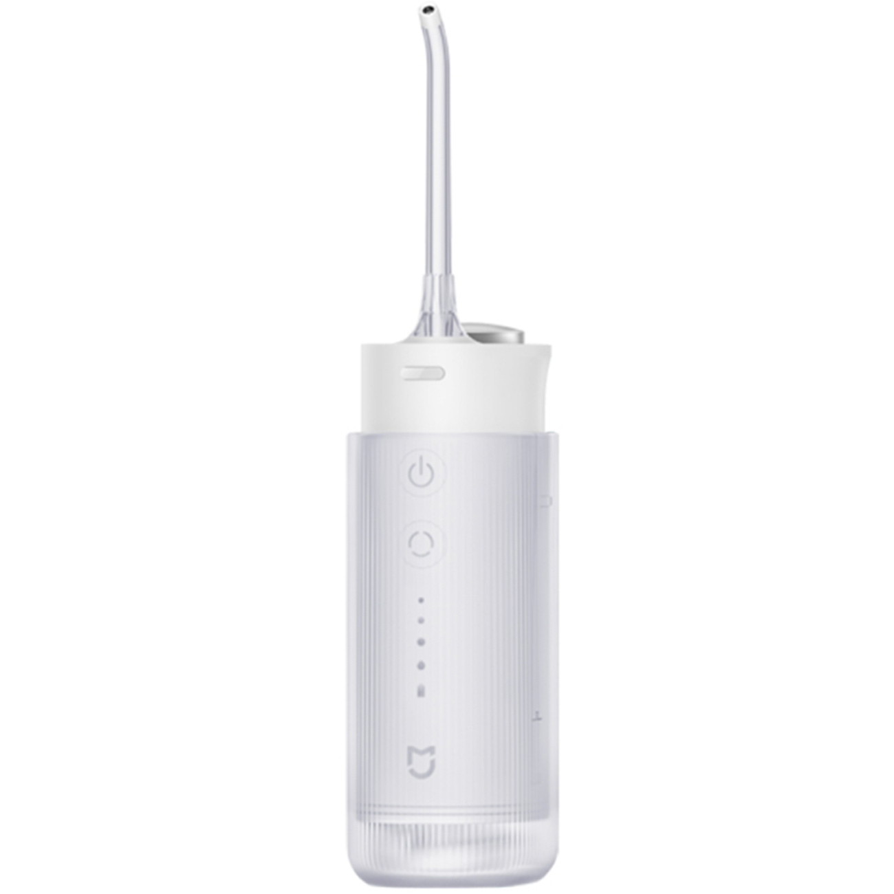 Xiaomi Mijia F400 water flosser with power button and battery indicator lights, white, with nozzle extended.