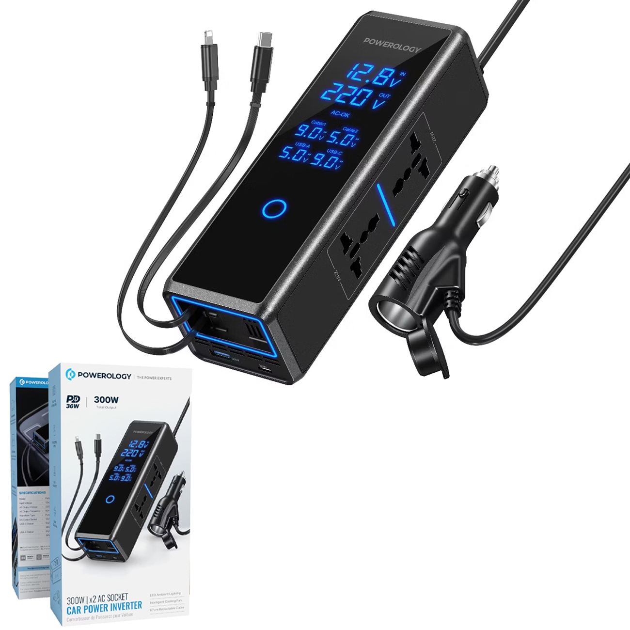 Powerology 300W car power inverter with two AC sockets, USB-A, USB-C ports, and a car cigarette lighter plug.