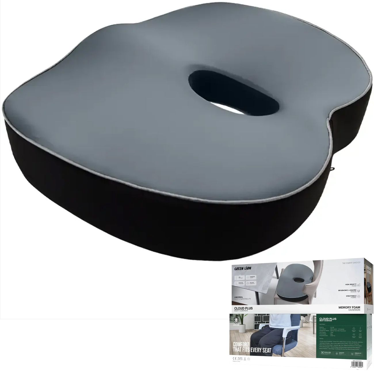 بالش نشیمن طبی گرین لاین مدل GL-CS5 Cloud Plus از فوم حافظه دار و طراحی ارگونومیک U شکل برای راحتی بیشتر.