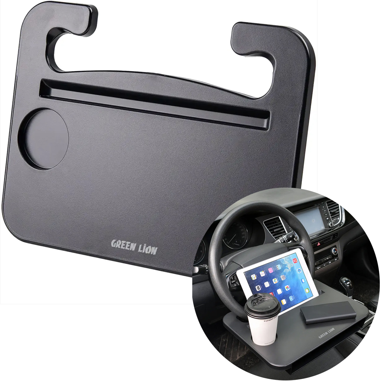سینی فرمان خودرو گرین لاین مدل GX-57، یک وسیله چندکاره با قابلیت نصب آسان روی فرمان برای نگهداری لپتاپ، تبلت، نوشیدنی و لوازم شخصی.