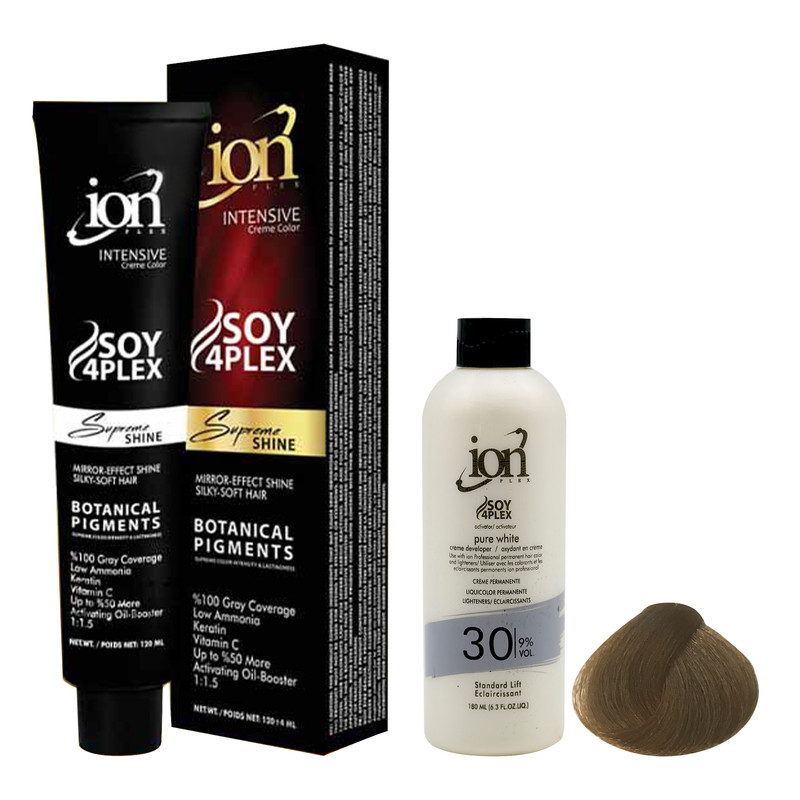 رنگ مو آیون شماره 6.32 حجم 120 میلی لیتر رنگ بلوند بیسکوئیتی تیره به همراه اکسیدان آیون مدل 30vol نه درصدی حجم 180 می...