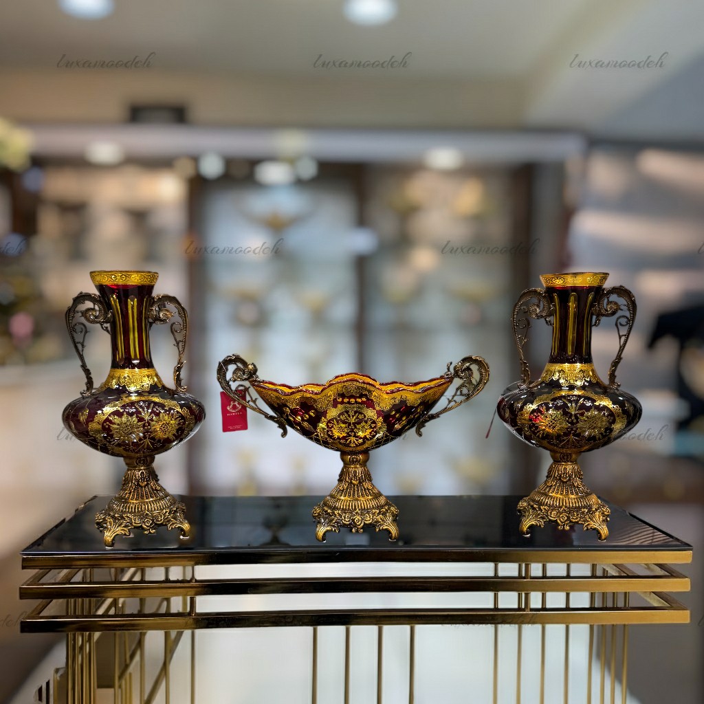 ست گلدان و کشکول طلاکوب هارتز تراشدار مدل 60806129 زرشکی