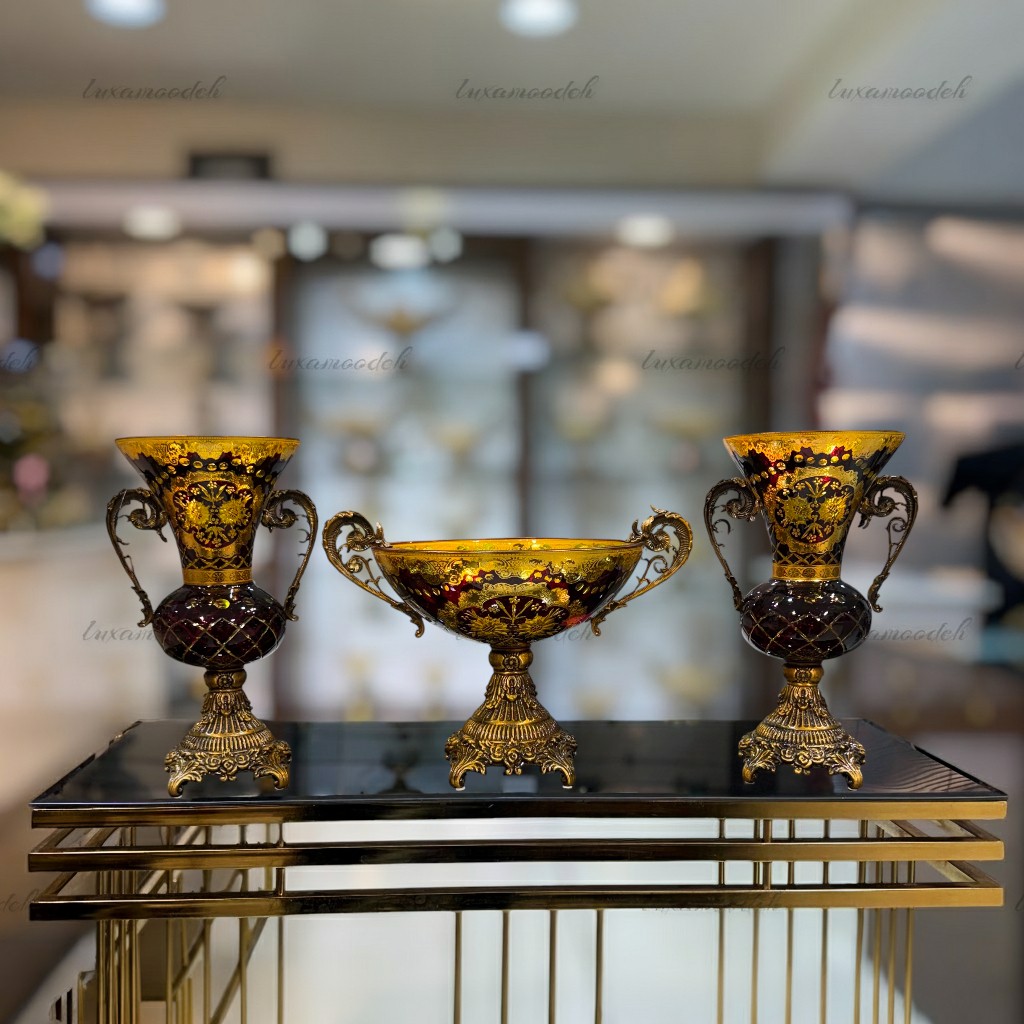 ست گلدان و میوه خوری طلاکوب هارتز تراشدار مدل 606612 زرشکی