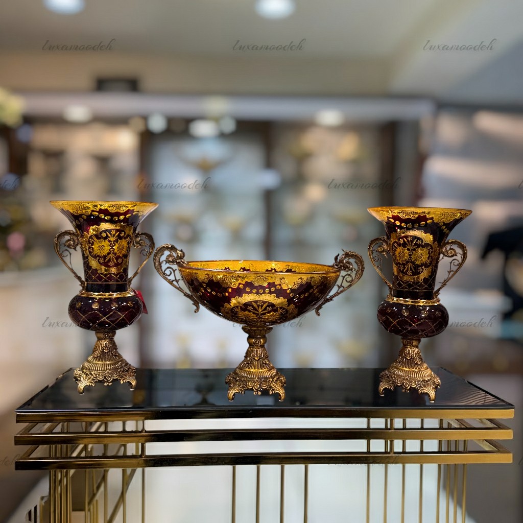 ست گلدان و میوه خوری طلاکوب هارتز تراشدار مدل 6000 زرشکی