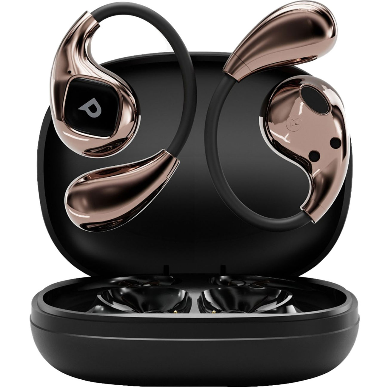 Powerology PWYX45MBK inductive magnetic wireless earphones in rose gold and black, with charging case.