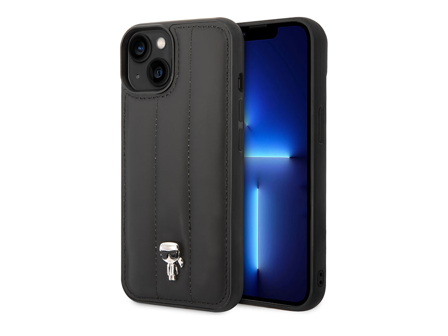 قاب پافری مشکی آیفون 14 پلاس طرح کارل لاگرفلد با لوگوی برجسته