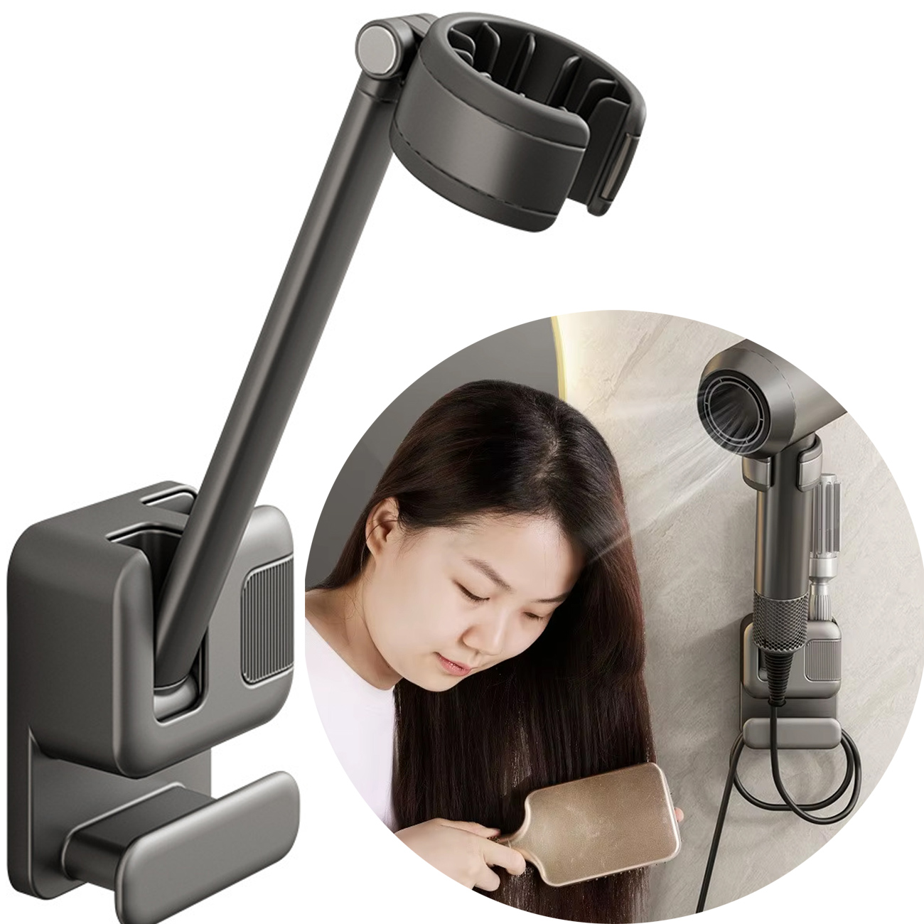 نگهدارنده سشوار یوگین مدل za-071، نصب بدون سوراخکاری، با قابلیت تنظیم زاویه، مناسب انواع سشوار.