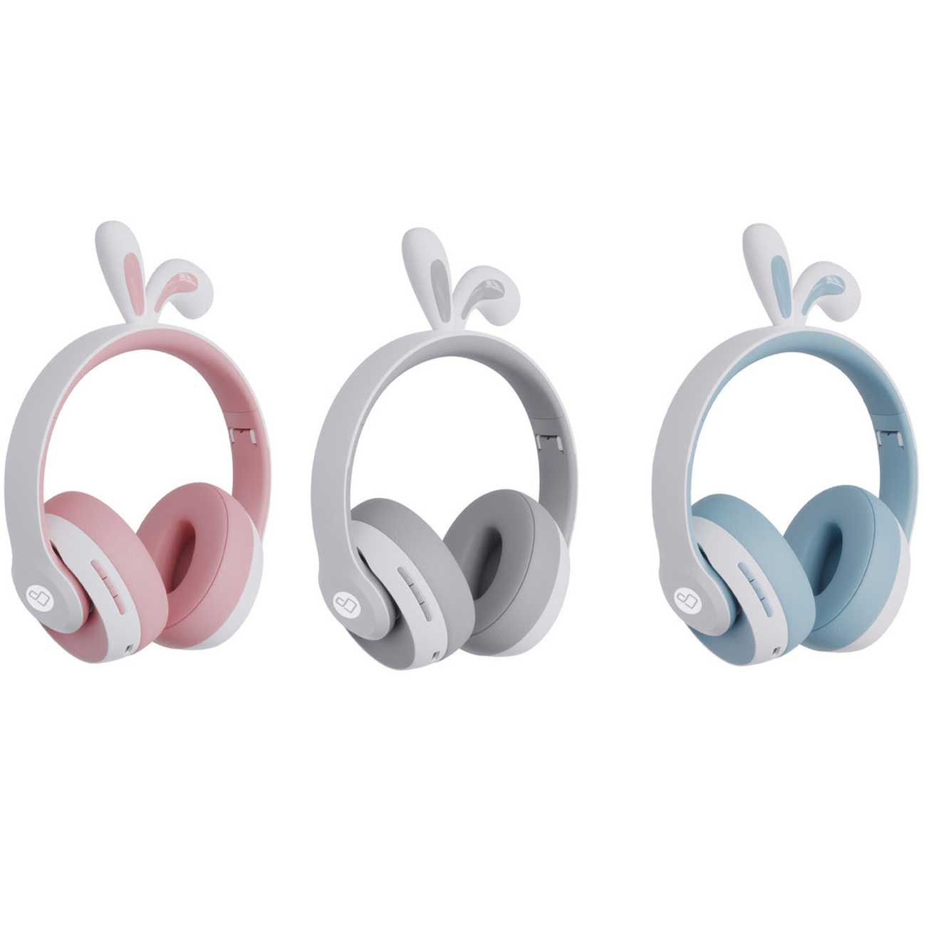 Three ProOne PHB3570 fantasy foldable Bluetooth headphones in pink, gray, and blue, each with cute bunny ears.