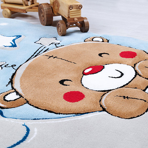 فرش زرباف سه بعدی پرزبلند طرح خرس و ماه زمینه آبی (شگی)