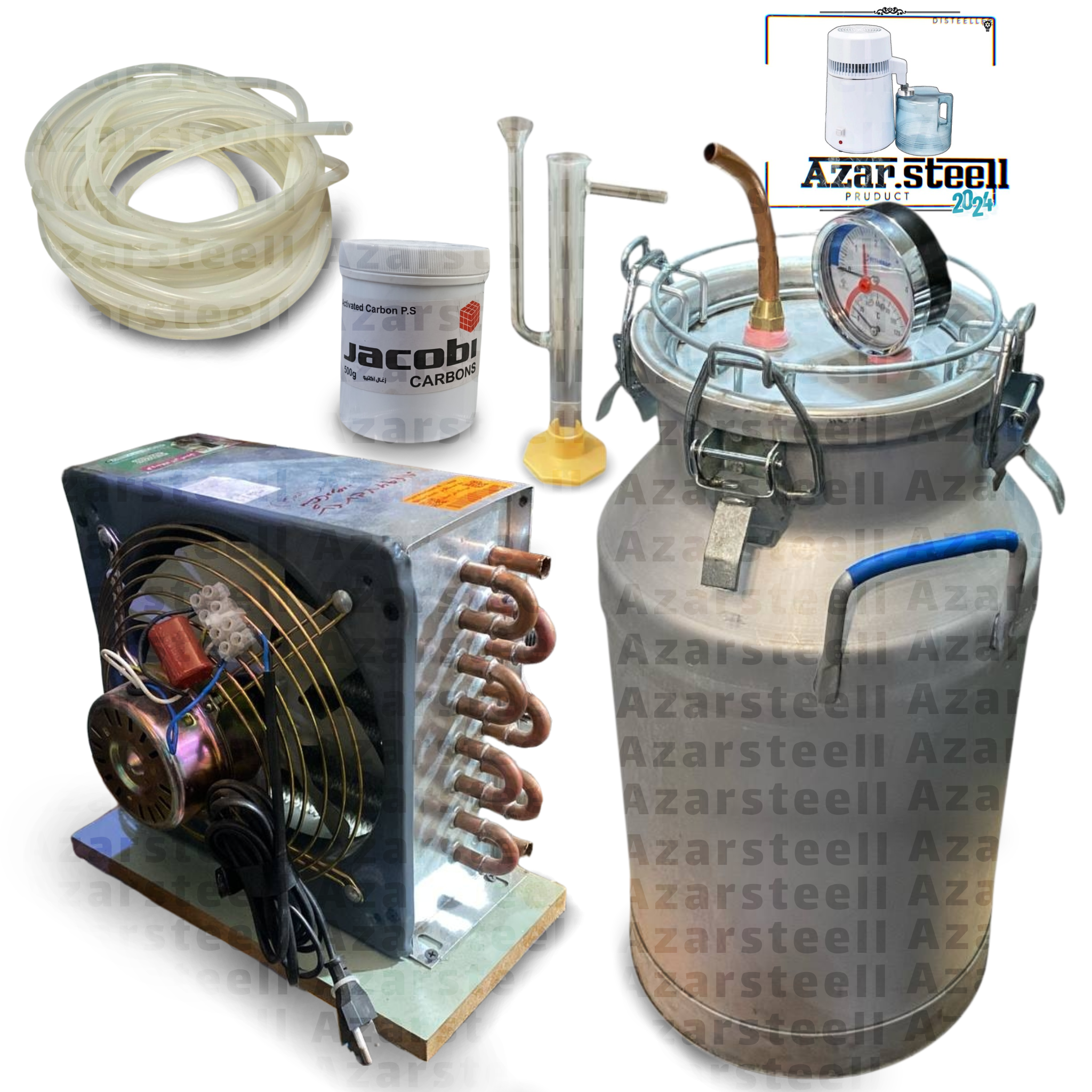 دستگاه عرق گیری گلاب گیری تقطیر برقی رادیاتور دار فن دار پک کامل فول درجه دار