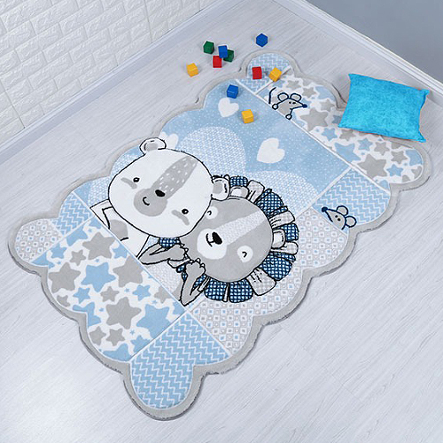 فرش زرباف سه بعدی پرزبلند طرح رابی و بابی زمینه آبی (شگی)