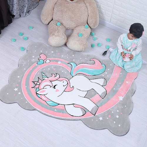 فرش زرباف سه بعدی پرزبلند طرح یونیکورن زمینه طوسی (شگی)