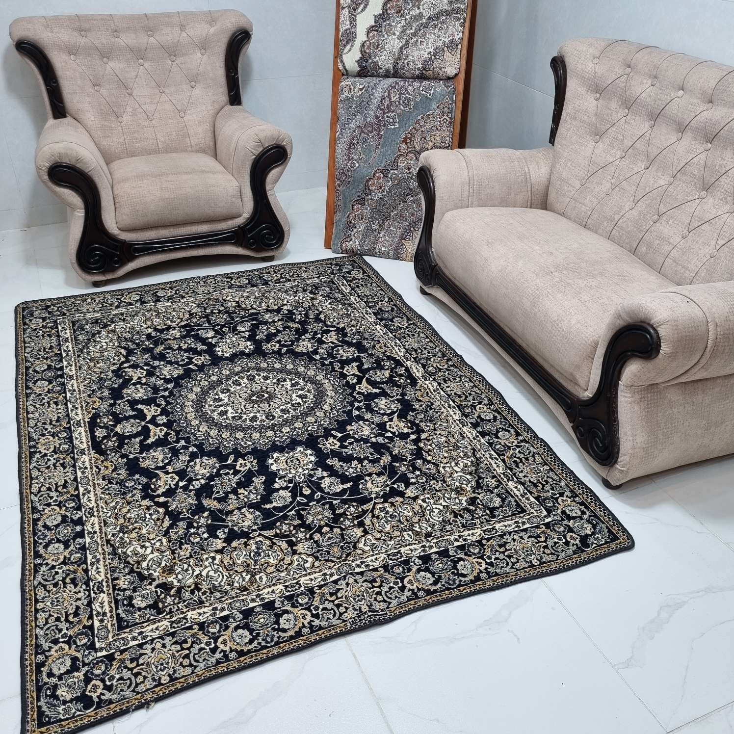 روفرشی 3 متری مخمل دورو سرمه ای طرح  سپیده - ضخیم