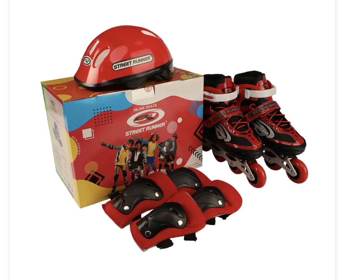 کفش اسکیت استریت رانر (کیفیت A+)چرخ ژله ای همراه با ست ایمنی اسکیت شامل کلاه و زانو بند و آرنج بند از سایز 30 تا 42