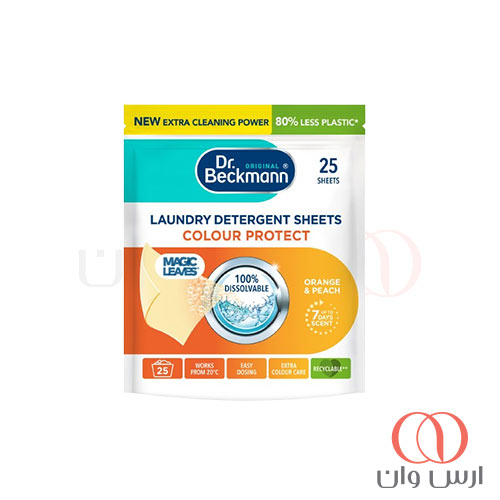 ورقه‌های شوینده لباس دکتر بکمن مخصوص لباس‌های رنگی رایحه پرتقال و هلو بسته 25 عددی