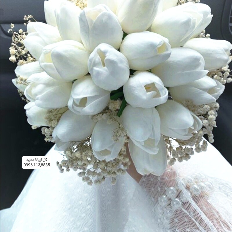 دسته گل عروس لاله سفید 35 عددی خیلی شیک و خاص ،  دسته گل لاله مصنوعی، دسته گل مصنوعی عروس دسته گل عروس لاله 