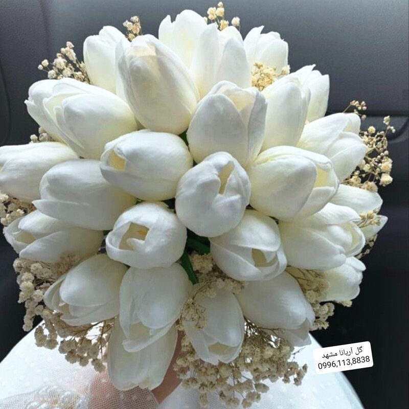 دسته گل عروس لاله سفید 35 عددی خیلی شیک و خاص ،  دسته گل لاله مصنوعی، دسته گل مصنوعی عروس دسته گل عروس لاله 