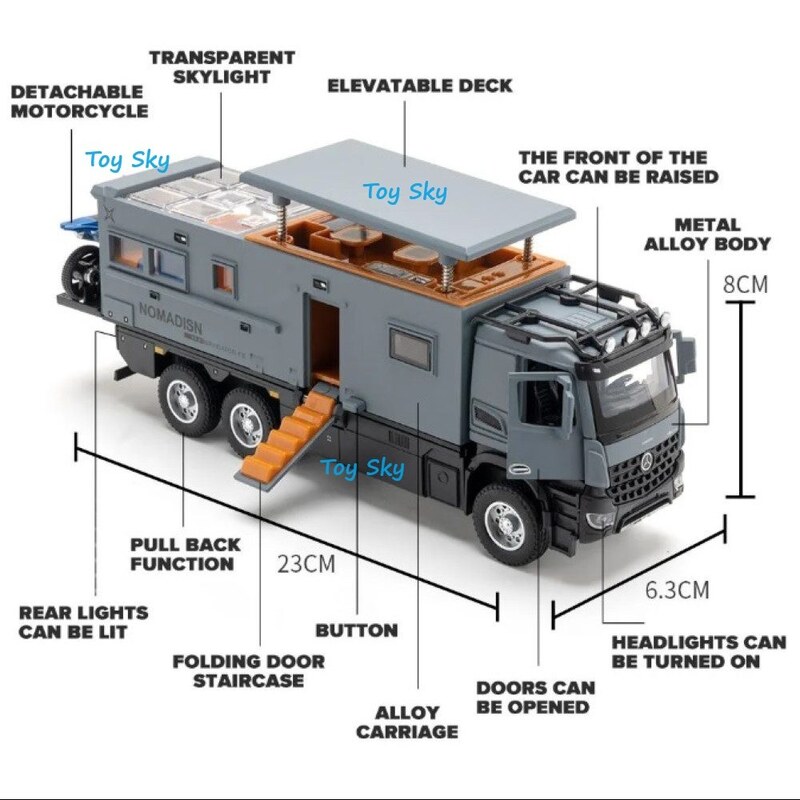 اسباب بازی - ماکت فلزی - کامیون مرسدس بنز یونیماگ آروکس کمپر آفرود - بهمراه یک موتور فلزی تریل یاماها - چهار رنگ مختلف