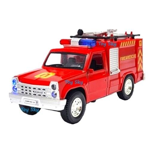 اسباب بازی - ماکت - ماشین فلزی - وانت نیسان زامیاد (آتشنشانی) - عقبکش و موزیکال و چراغدار - دو درب بازشو
