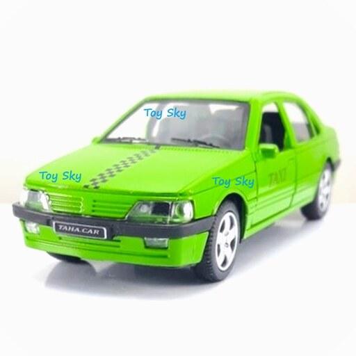 اسباب بازی - ماکت - ماشین فلزی - پژو 405 تاکسی - Peugeot 405 Taxi - مقیاس 1.32 - عقبکش و دو درب بازشو - رنگ سبز