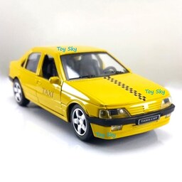 اسباب بازی - ماکت - ماشین فلزی - پژو 405 تاکسی - Peugeot 405 Taxi - مقیاس 1.32 - عقبکش و دو درب بازشو - رنگ زرد