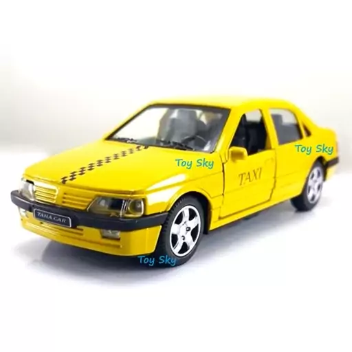 اسباب بازی - ماکت ماشین - پژو 405 تاکسی - Peugeot 405 Taxi - فلزی - عقبکش - دربهای جلو بازشو - رنگ زرد