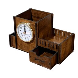 جامدادی رومیزی چوبی اداری دارای ساعت رنگ چوب گردو 