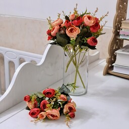 گل مصنوعی بوته گل  ترکیبی پیونی با نسترن  رنگ هلویی گلبهی رنگ سال
