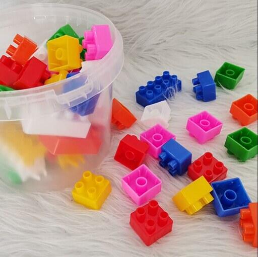اسباب بازی لگو 48 تکه سطلی رنگی آجر بازی خانه سازی اسباب بازی لگو خانه سازی ساختنی محکم چفت شو چرخدار آجر بازی کودک
