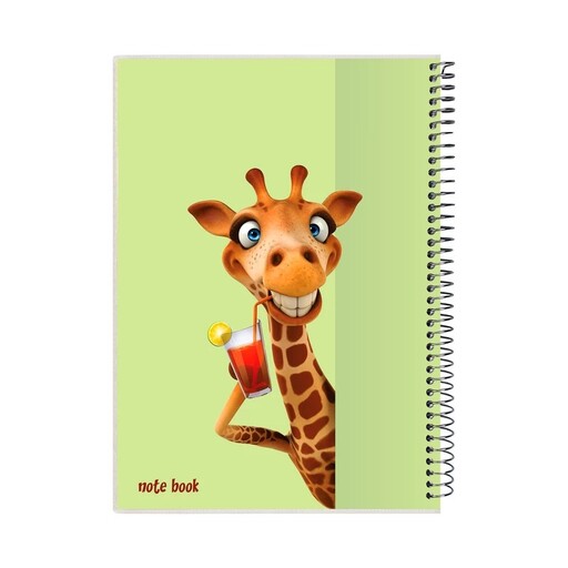 دفتر  مجلد ( جلد شده) طرح زرافه خوشحال (Happy Giraffe)، صد برگ، فنر فلزی، روکش دار نایلونی دو طرفه پرسی، پدیده نقش، مشق