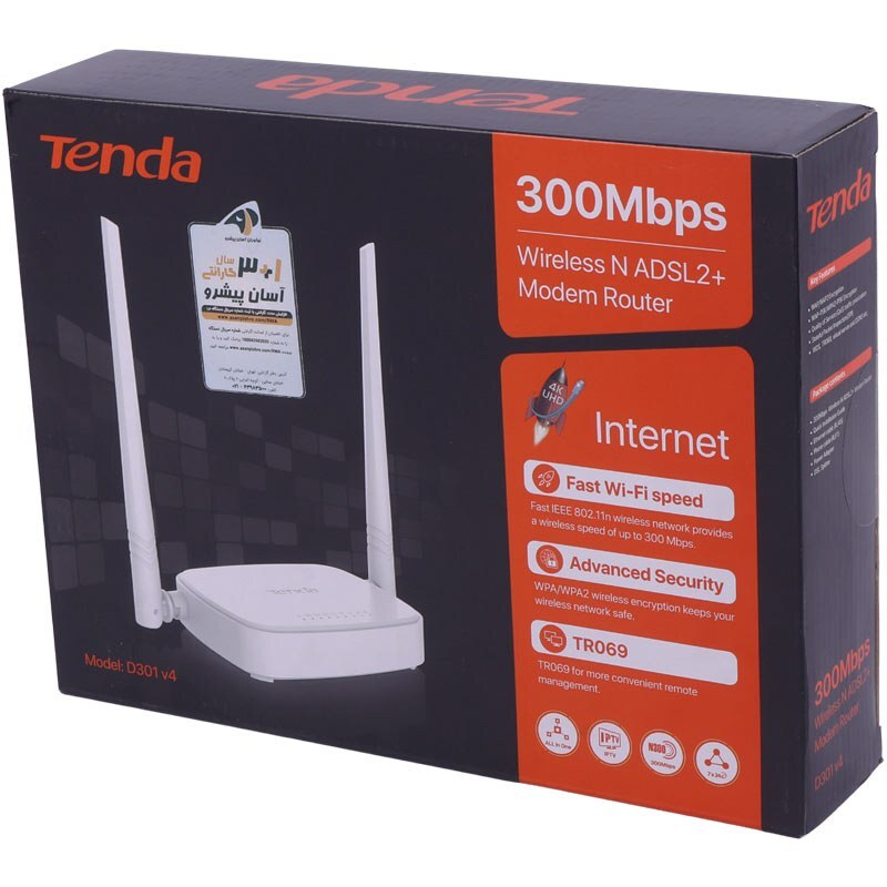 مودم روتر 2 آنتن Tenda D301 V4 ADSL2  N300 300Mbps