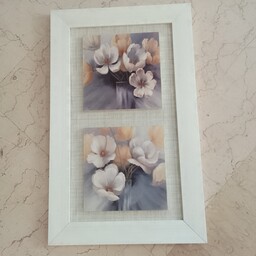 تابلو گل نقاشی سفید آبی طوسی لیمویی کرم توسی سرمه ای چاپ شده  ابعاد 60در37