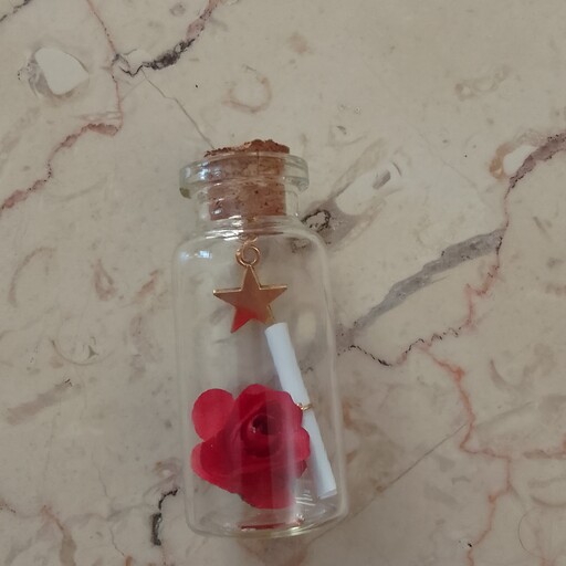 بطری شیشه ای آرزو نامه قرمز ولنتاین در دار کوچک ریز ابعاد ارتفاع 7 تزیینی تزئینی گل و نامه کادویی گیفت قیمت هرعدد تک ظرف