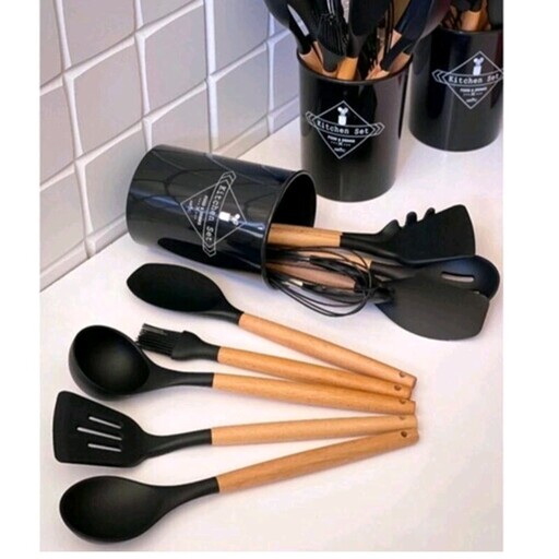 سرویس 12پارچه کفگیر  و ملاقه  آشپزخانه سیلیکونی دسته چوبی بامبو برند کیچن ست 