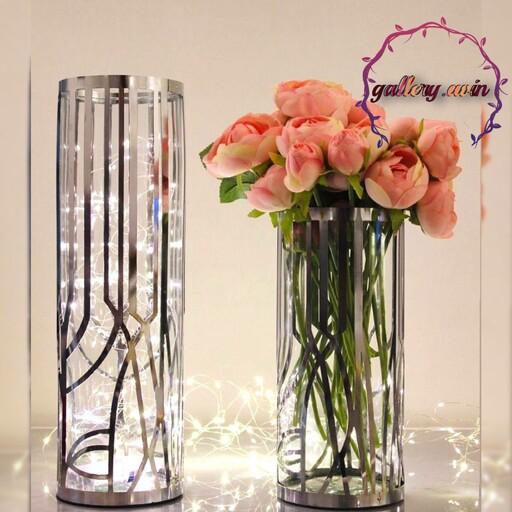 گلدان ،شمعدان دکوری فلزی داخل شیشه ای  مدل نخل نقره ای  تکی سایز بزرگ
