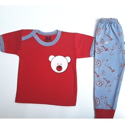 لباس نوزادی و سیسمونی بلوز استین کوتاه و شلوار سایز 0تا3 طرح قرمز خرسی