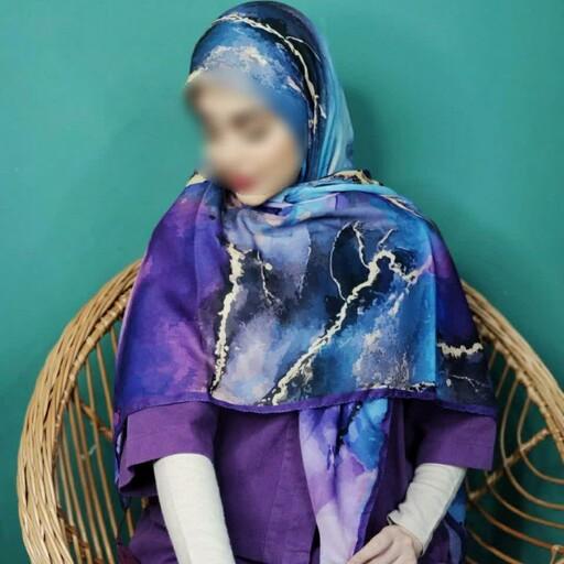 روسری مجلسی نخی بنفش و آبی طرحدار  منگوله دار زنانه و دخترانه قواره بزرگ