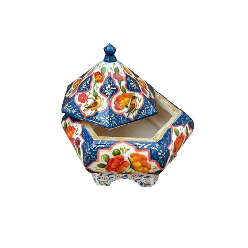 جعبه جواهر و کادویی هرمی شکل استخوانی با نقاشی گل و مرغ