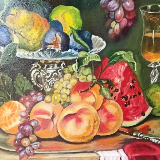 تابلو  رنگ روغن ترکیب میز و ظرف میوه نفیس  30در 40