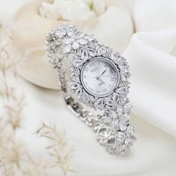 ساعت نقره زنانه عیار 925 با روکش طلای سفید طرح گل عیدی باارزش