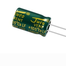 خازن الکترولیت  100 میکرو فارا د 35 ولت  برند جی دبلیوکو (Jwco)برند سبز بسته 100 تایی 