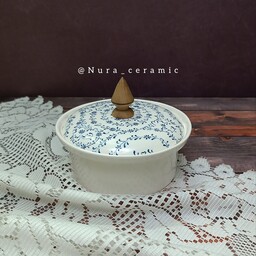 شکلات خوری سرامیکی دست ساز دسته چوبی گل سنتی آبی