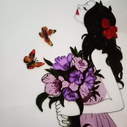 تابلوی ویترای طرح دختر، رنگ بنفش و یاسی در ابعاد 50 در 70
