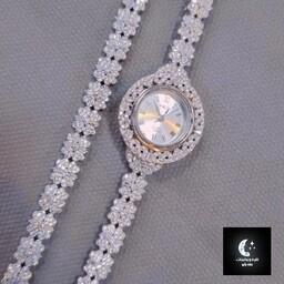 ست ساعت و دستبند نقره زنانه عیار 925 و آبکاری طلا سفید موتور میوتای ژاپنی