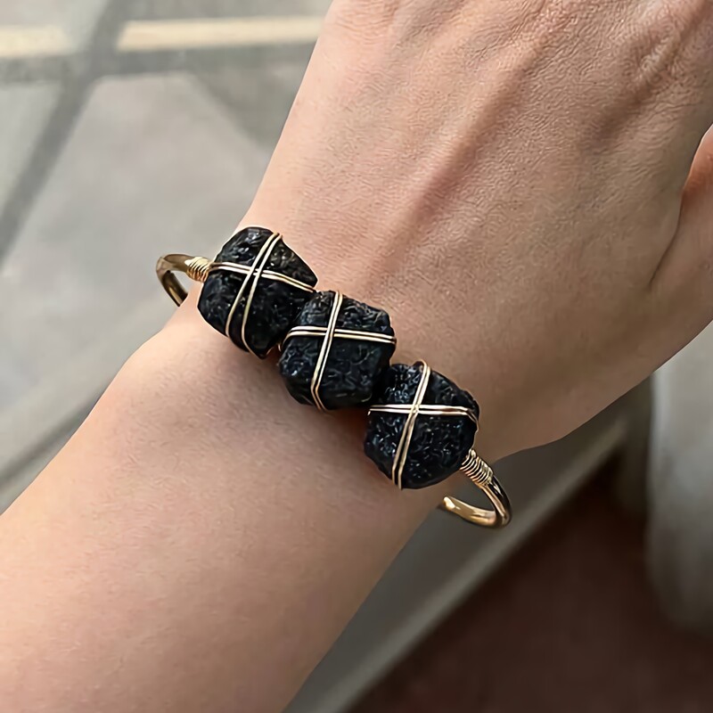دستبند بنگل تورمالین سیاه فری سایز سنگ اصل درجه یک استیل رنگ ثابت